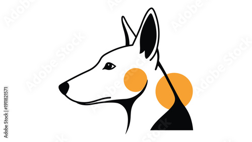 Stylized black and white profile of a dogs head is accented with orange circles to create a modern and artistic canine themed logo design.