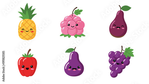 Collection of six adorable fruit characters with smiling faces includes pineapple, raspberry, pear, strawberry, plum, and grapes in a set.