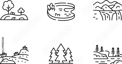 Black line of various natural landscapes line black and white nature trees hills