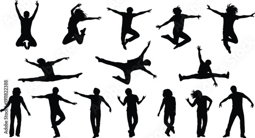 Energetic dancing and jumping people silhouettes set, dynamic men and women party poses isolated on white background