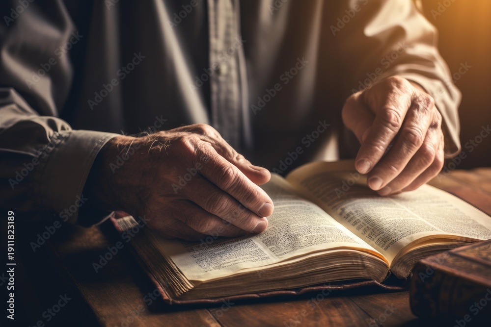Fototapeta premium Hands of an old man turning pages of a bible, studying religious text