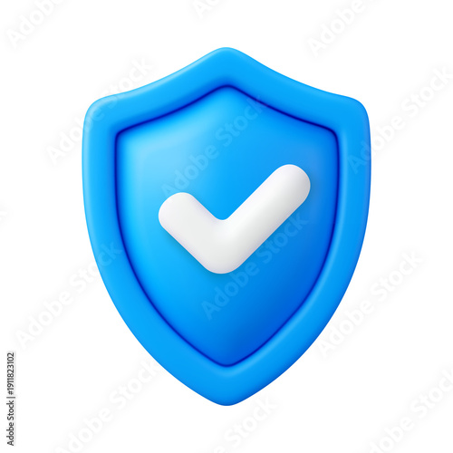 Blue 3D security shield with white check mark icon showing safety and protection isolated on transparent background, png