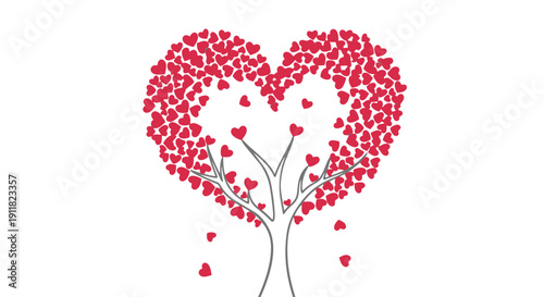Heart shaped tree with red hearts on for love concept
