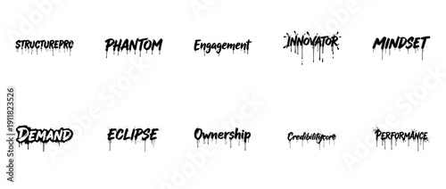 Dripping graffiti words in unique fonts on white background