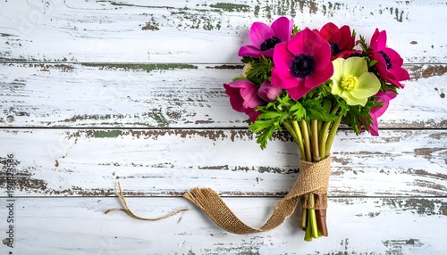 Spring bouquet with magenta and green flowers high resolution picture