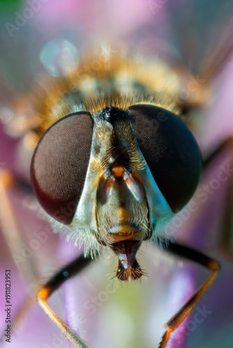 Close-up of insect with large eyes on colorful flower petal