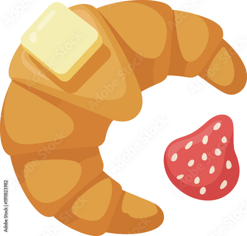 Croissant with Butter and Strawberry Slice Flat Vector