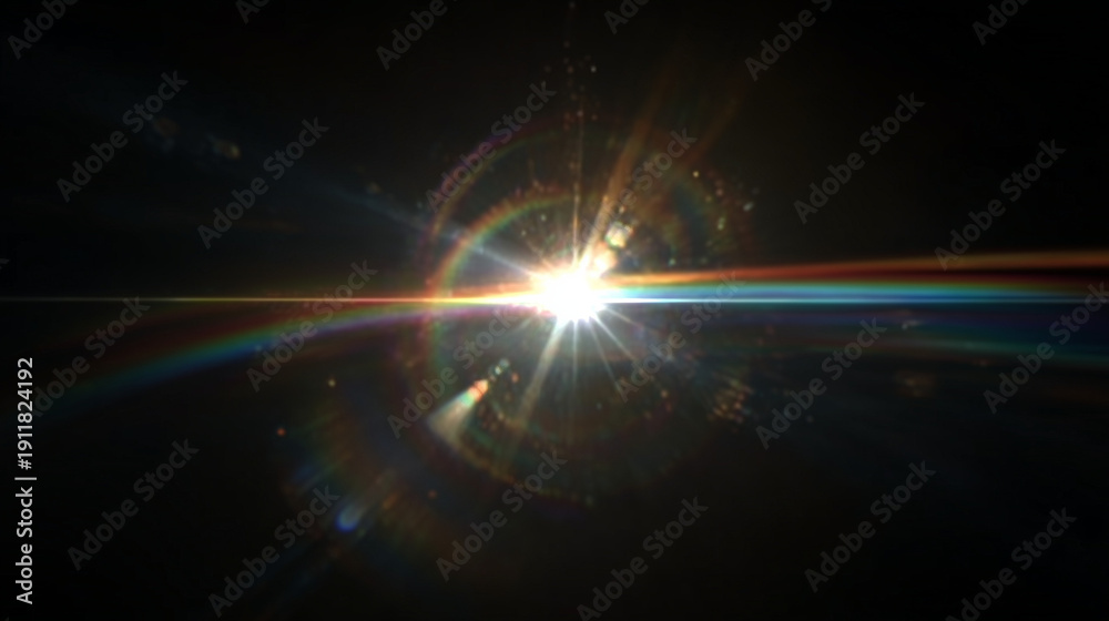 Obraz premium Bright Sunburst with Faint Rainbow Lens Flare and Spectral Ghosting on Black Background. Optical Light Dispersion Effect for Cinematic Photography Overlay