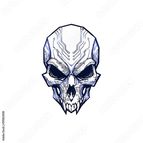 Cybernetic Human Skull with Circuit Patterns, Futuristic Robotic Head, isolated white background.