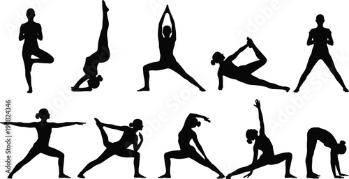 Yoga silhouette set, woman fitness exercise poses collection, healthy lifestyle vector illustration isolated on white background