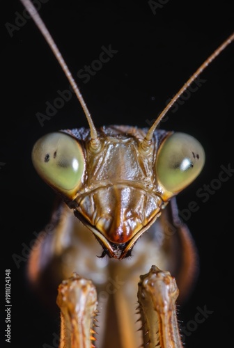 Close-up view of a praying mantis with large green eyes and detailed features