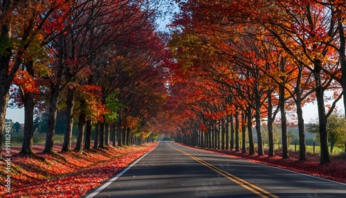 Autumn forest road with vibrant red leaves high resolution picture