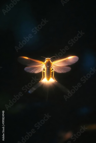 Glowing insect with translucent wings illuminated against dark background