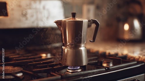Moka pot brewing coffee on a gas stove