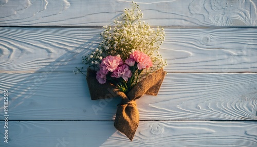 Delicate pink flowers against white planks high resolution picture