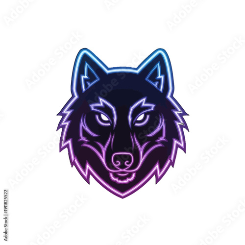 Mysterious Neon Wolf Head with Glowing Outlines, Isolated White Background