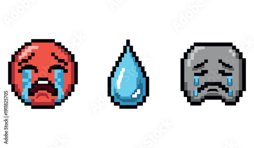 Pixel art sad emojis and teardrop illustration