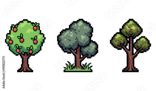 Pixel art trees: apple, oak, and pine illustrations on white background