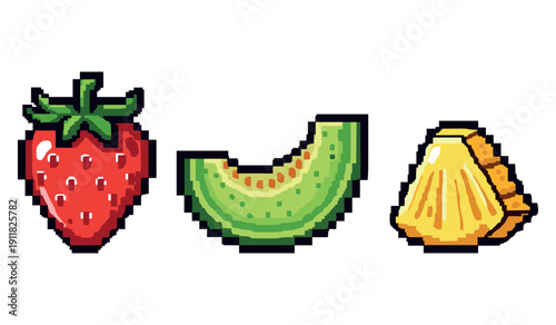 Pixel art fruits: strawberry, melon slice, and pineapple