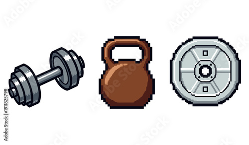 Pixel art dumbbell kettlebell and barbell plate icons