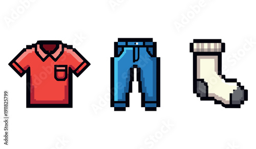 Pixel art clothing set: red shirt, blue jeans, white sock