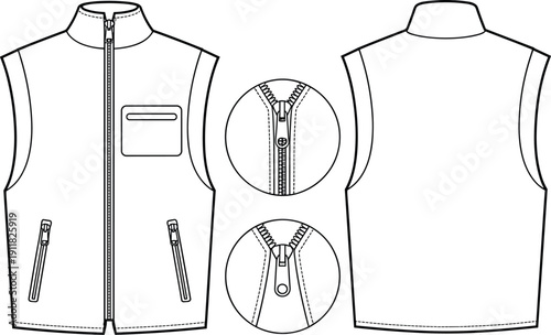 Sleeveless jacket with zipper closure and pockets technical fashion clothing pattern vest