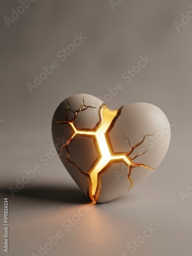 Conceptual surreal illustration of emotional healing, broken heart restored with golden details