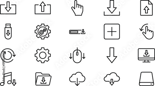 Download upload outline icon set, arrows cloud folder mouse gear refresh plus interface vector symbols for app web ui design
