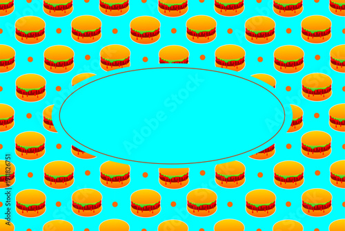 Burger pattern frame background. Seamless burger frame background. Hamburger pattern frame. Fast food burger frame design.