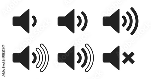 音量レベル段階表示のスピーカーアイコンセット（ミュート・ベクター・透過背景）