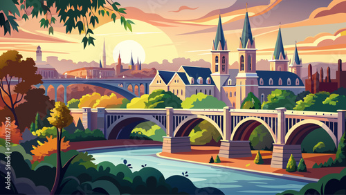 Very beautiful Key Bridge at Georgetown University in Washington DC crossing the Potomac River, with sunlight reflecting on water and historic campus buildings in the background.