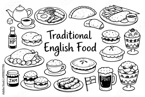 English food doodle set, hand drawn British cuisine symbols and traditional meals in line art style