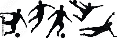 Soccer player silhouette action set, football kick jump dive poses, athletic sport outline vector pack for game design ui posters