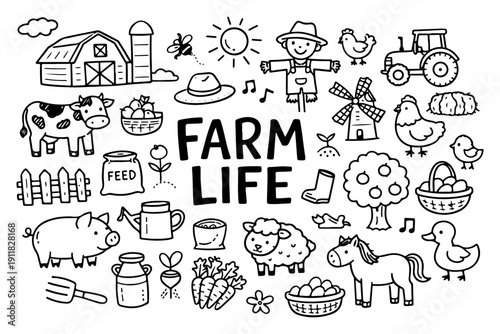 Farm life doodle set, hand drawn agricultural symbols, domestic animals and village landmarks in line art style