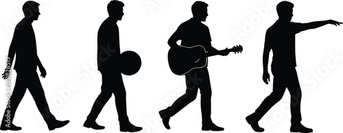 Walking guitarist silhouette set, musician lifestyle poses with guitar, creative people outline vector pack for music poster design