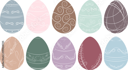 Flat vector set of 10 Easter eggs featuring elegant white line art decorations like swirls, feathers, and vines on muted, earthy backgrounds. Isolated for minimalist holiday designs.