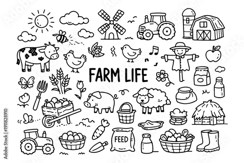 Farm life doodle set, hand drawn agricultural symbols, domestic animals and village landmarks in line art style