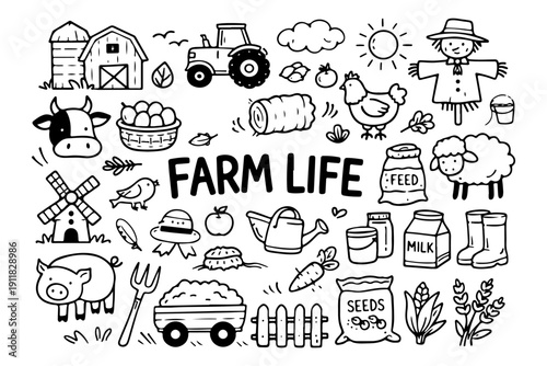 Farm life doodle set, hand drawn agricultural symbols, domestic animals and village landmarks in line art style