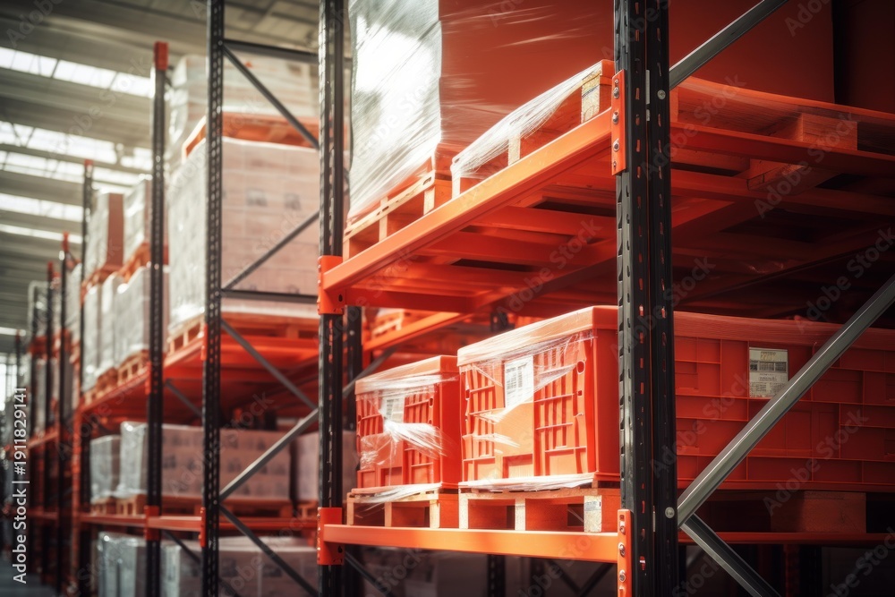 Fototapeta premium Rows of orange shelves storing various goods and bins in a vast distribution warehouse