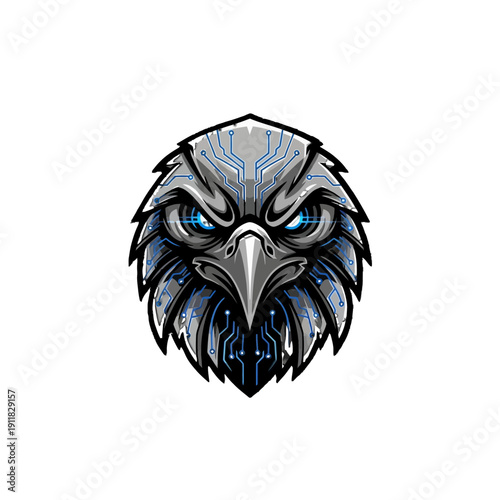 Futuristic Robotic Eagle Head with Cybernetic Circuit Patterns and Blue Glowing Eyes on Isolated White Background