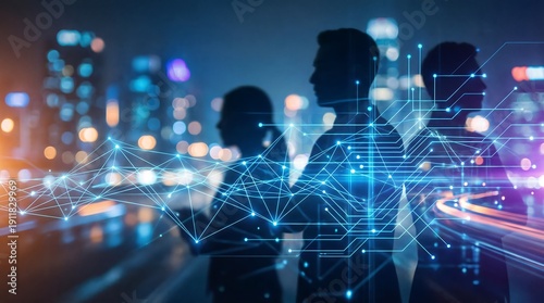 Silhouettes of diverse business professionals stand against a blurred futuristic city skyline at night, with a glowing digital network data connection.