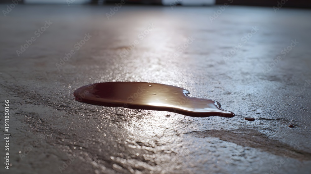 © Thares2020 - A dark liquid spill forms a reflective puddle on a textured concrete floor
