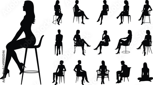 Elegant seated women silhouette pose set, female sitting chair positions fashion outline vector pack for presentation interior design