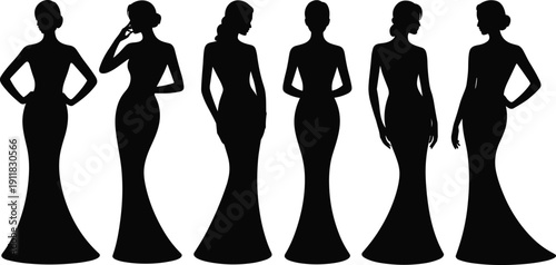 Elegant women silhouette fashion pose set, female long dress models standing outline vector pack for branding presentation design