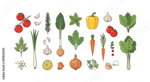 Colorful Assortment of Fresh Organic Garden Vegetables, Herbs, and Spices Arranged on an Isolated White Background for Healthy Cuisine