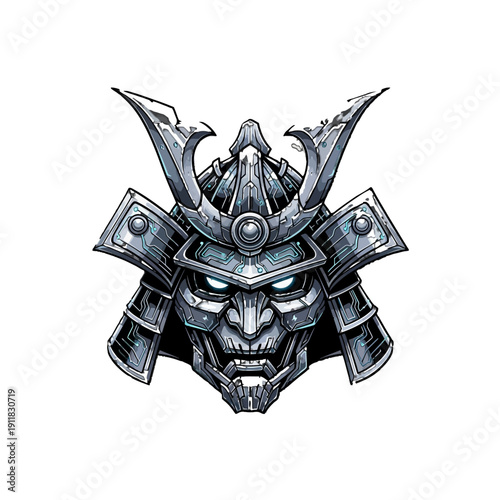 Fierce Samurai Helmet Mask Logo with Intricate Armor Details on an Isolated White Background