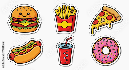 Cute hand drawn fast food sticker pack with bold outlines