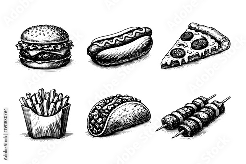 Vintage american fast food engraving set, antique snacks sketch in woodcut style