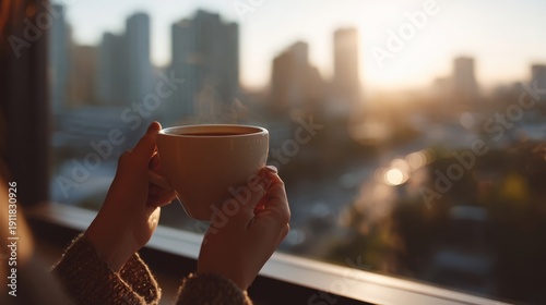 Morning coffee overlooking cityscape