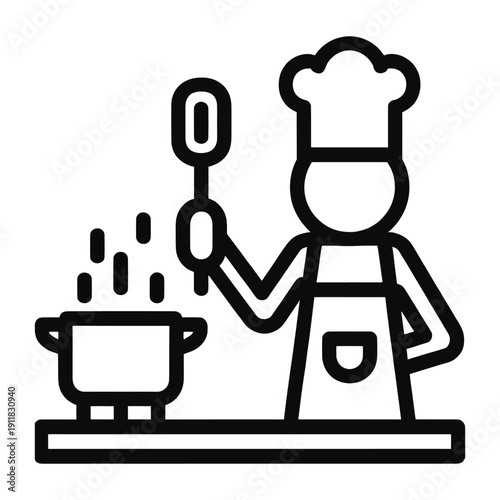 Professional chef preparing meal in kitchen with steaming pot on stove and holding large cooking spoon for restaurant services